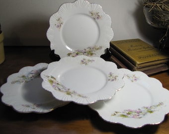 Set of Four (4) Vintage Scalloped Edge Dessert Plates - Floral Design - Embossed Pattern - Gold Accent
