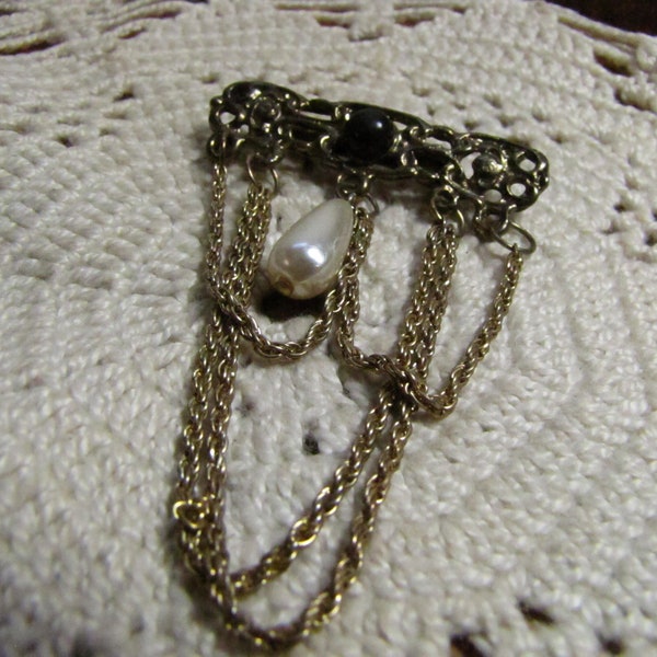 Vintage Brass Lapel Pin - Brooch - Looped Chains - "Onyx" Bead and Teardrop "Pearl" - Costume Jewelry