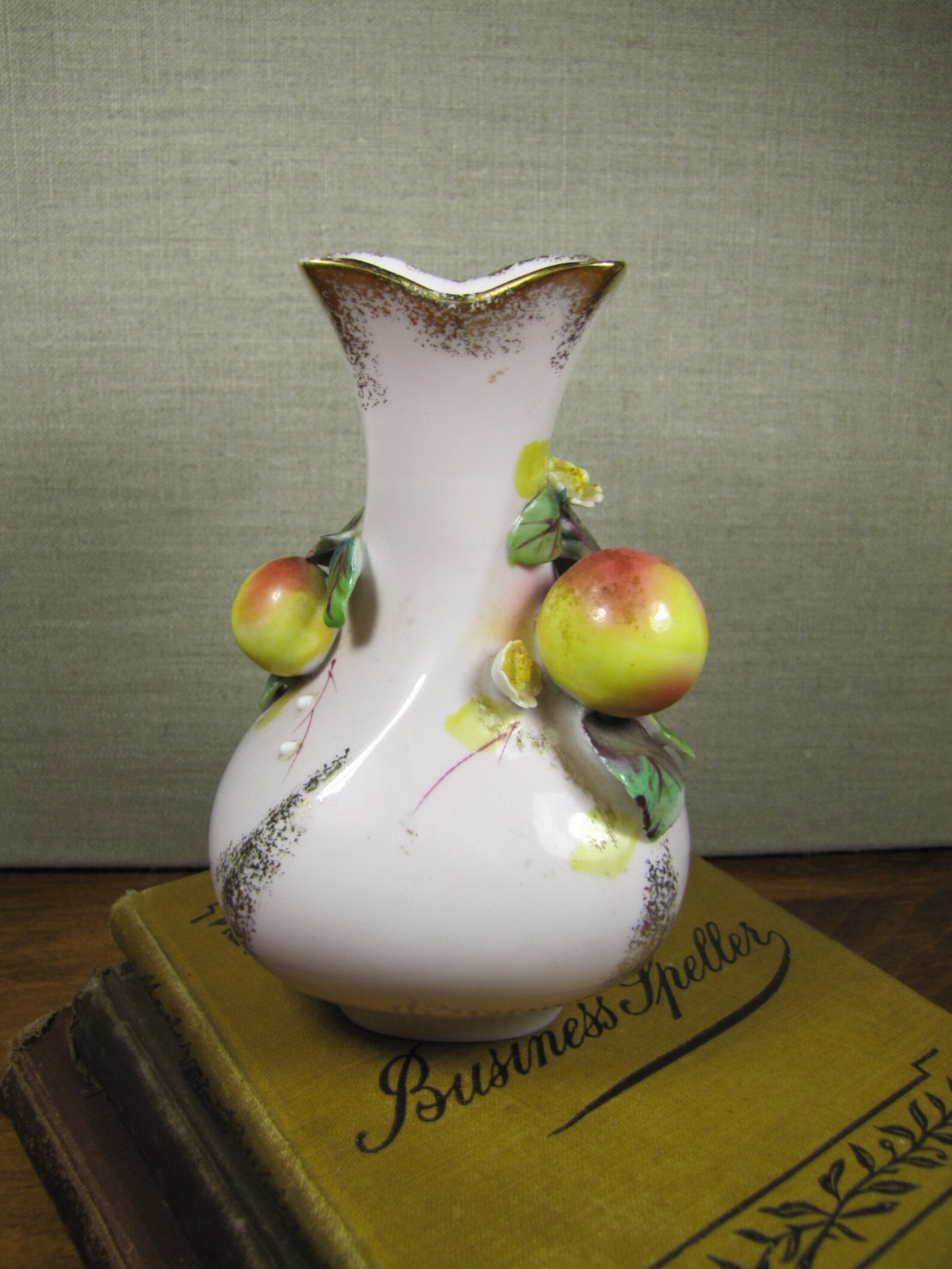 Lefton China Hand Painted Vase Pale Pink Fruit Gold Etsy