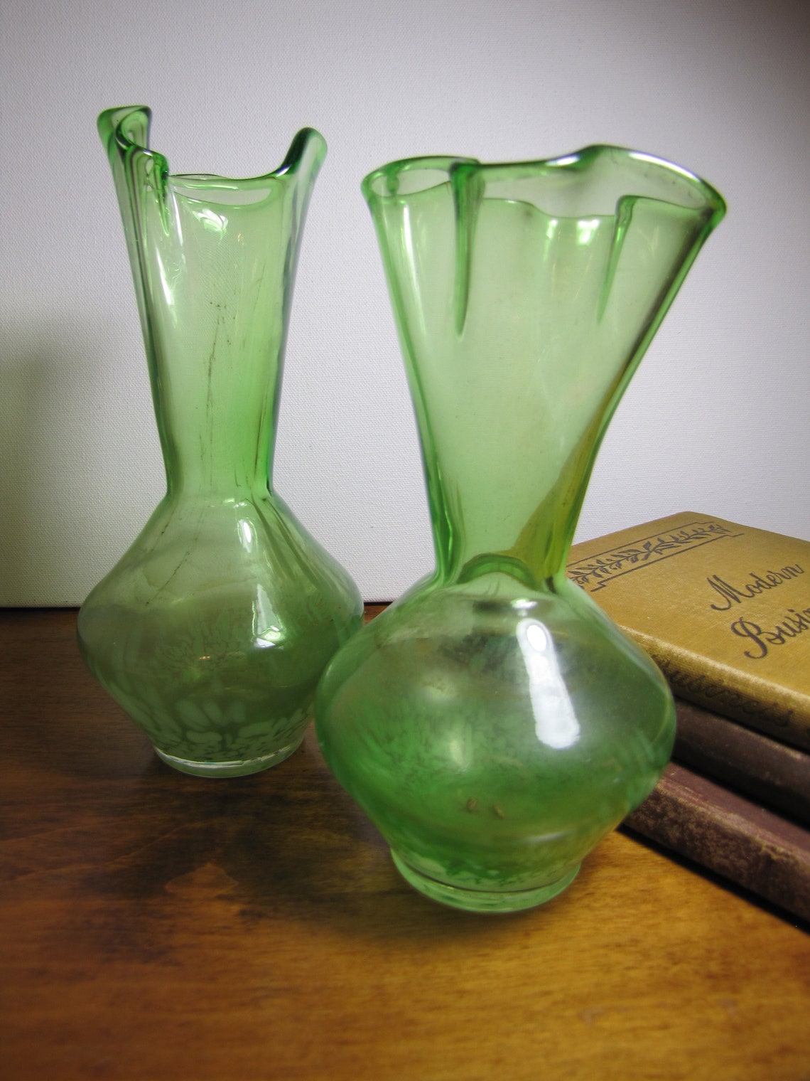 Pair of Green Blown Glass Vases Fluted Rims Etsy