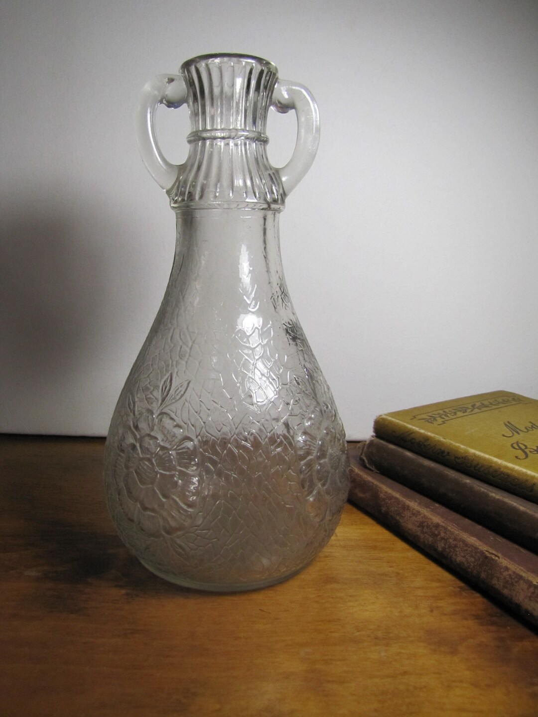 White House Vinegar Jug Double Handle Ribbed Neck Embossed Flower