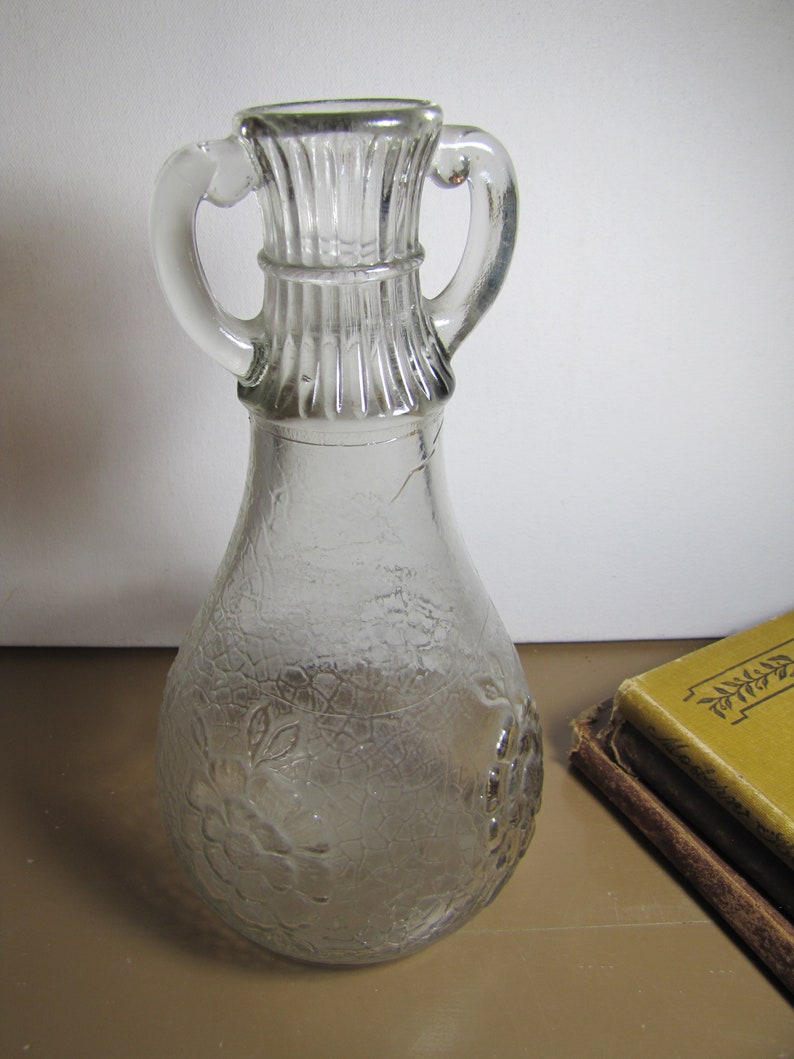 Vintage Glass White House Vinegar Jug - Crackle Look Finish - Embossed Flowers - Ribbed Neck - Double Handle afbeelding 1