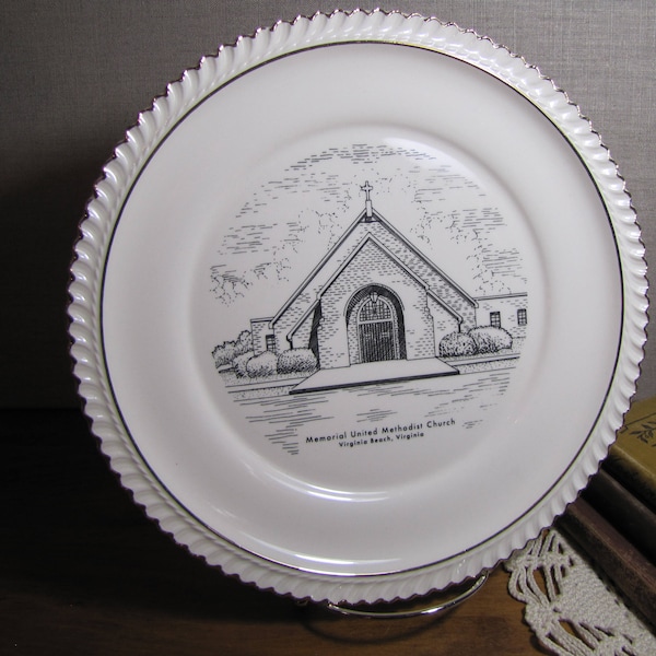 Vintage Commemorative Church Plate - Memorial United Methodist Church - Virginia Beach, VA - Scalloped Rim - Black Graphics - Gold Accent