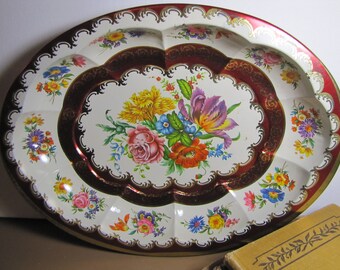 VTG Daher England boho floral tin round tray 16\u201d brown red orange green metal VTG Daher England boho floral tin round tray 16\u201d brown red orange green metal