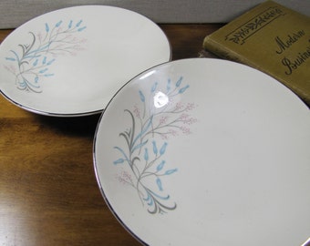 Vintage Shallow Bowls - Pale Blue and Pink Flowers - Platinum Accent - Set of Two (2)