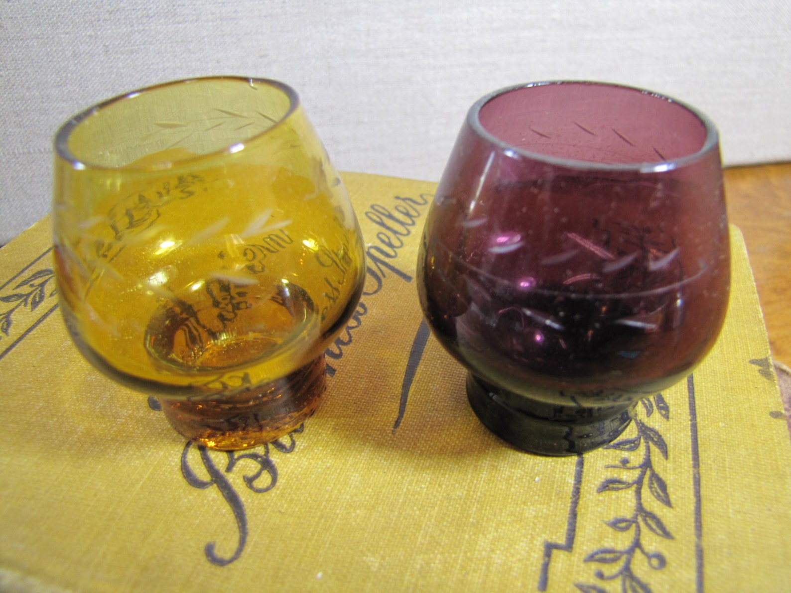 Etched Glass Shot Glasses One Purple One Amber Etsy
