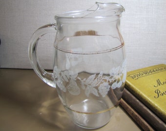 Vintage Small Pitcher - White Etched Fruit Design - Gold Accent