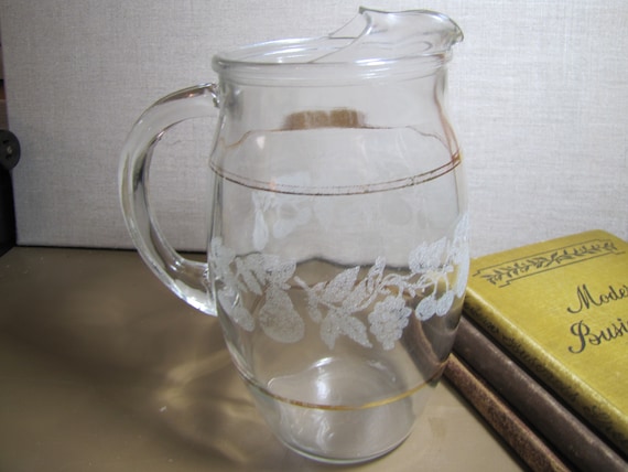 Vintage Small Pitcher White Etched Fruit Design Gold Accent 