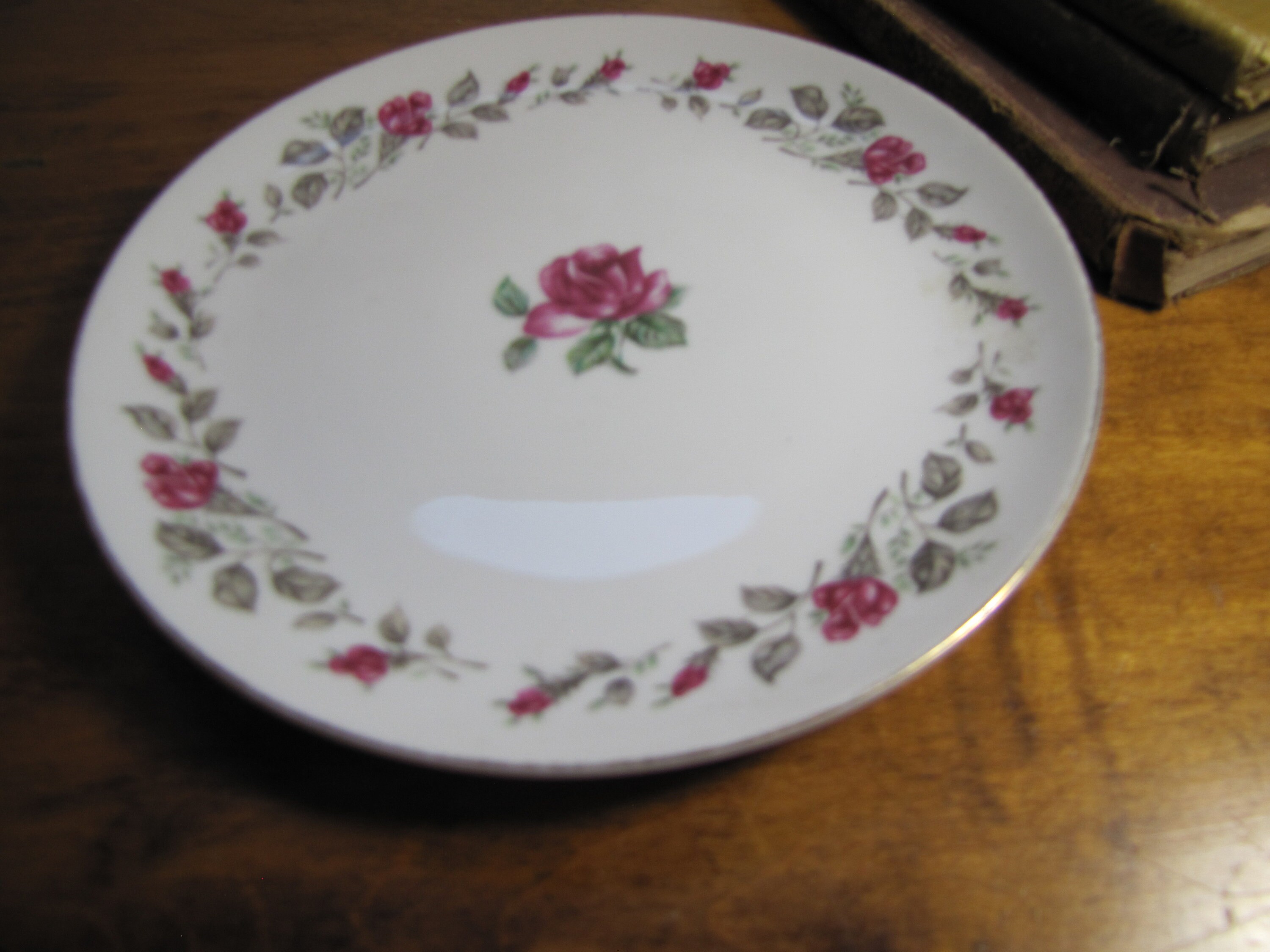 Diamond China - Moss Rose Pattern - Salad Plate - Dark Pink Roses