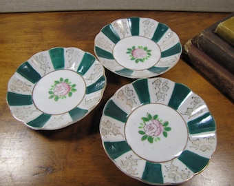 Small Green and White Shallow Bowls - Pink Rose - Hand Painted - Gold Accent - Made in Japan - Set of Three (3)