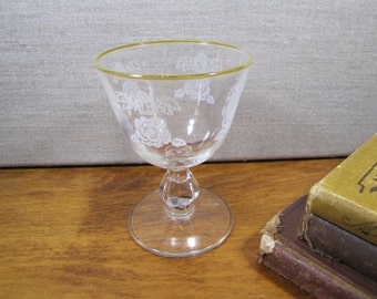 Pedestal Glass Custard Cup - Stenciled White Flower Design - Gold Accent