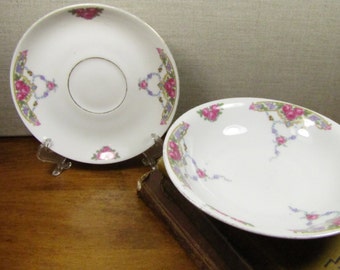 Victoria China - Berry Bowl - Dessert Bowl and Saucer - Pink Flowers and Floral Swags - Made in Czechoslovakia