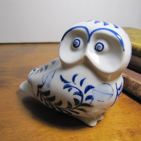 Small Porcelain Owl Bank - Blue and White