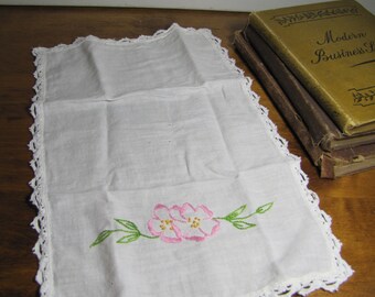 Vintage Small Cotton Tea Towel - Embroidered Pink Flowers - Crocheted Lace Edging