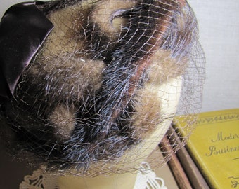 Vintage Ladies Hat - Brown Fur, Netting and Silk Ribbon