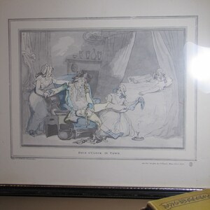 May include: A black and white antique print of a humorous scene depicting a man in a blue coat and a woman in a white dress. The text "Four O'Clock in Town" is printed below the image.