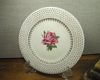 Vintage Bread and Butter Plate - Pink Rose - Gold Accent Patterned Rim