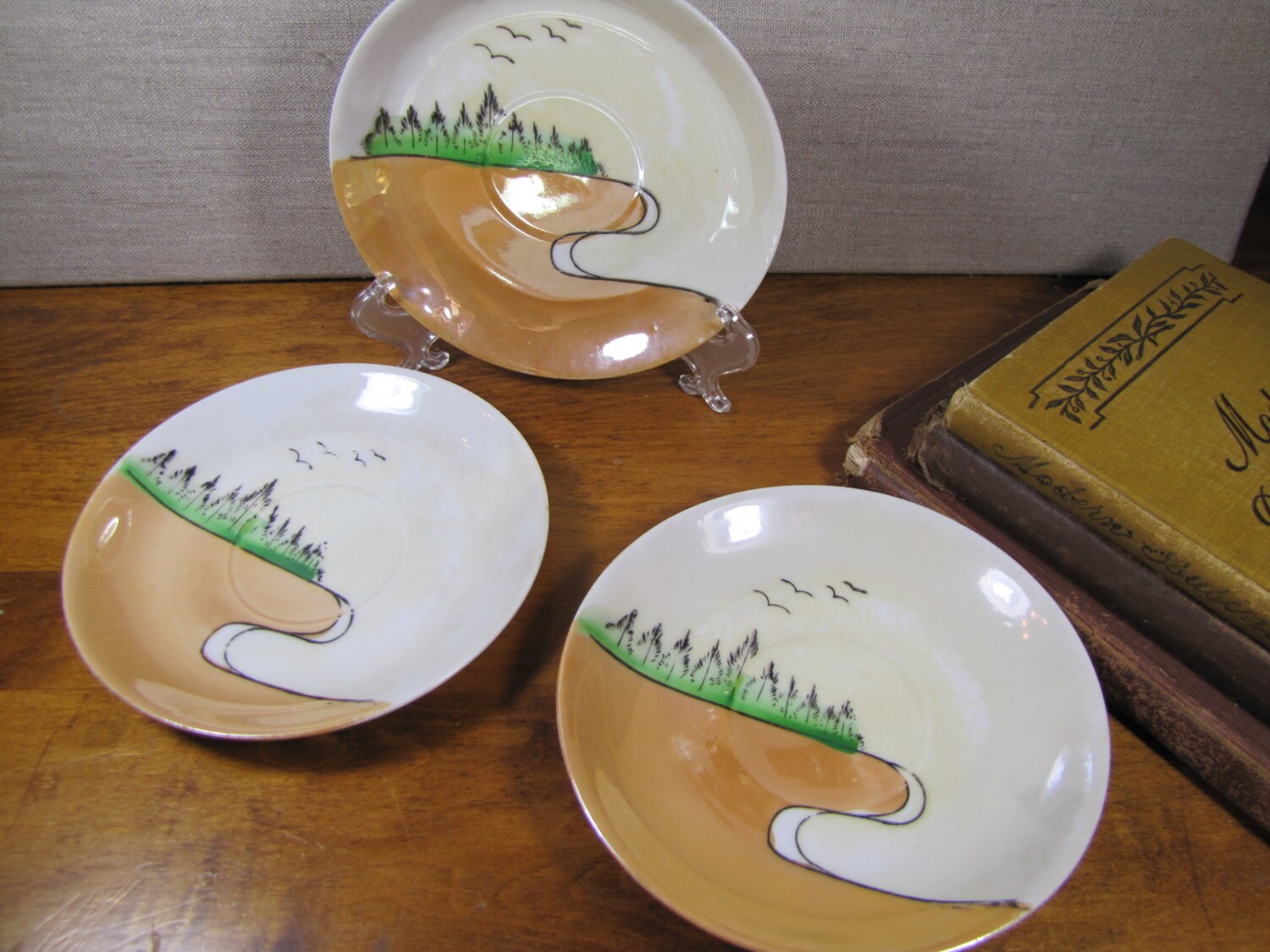 Set of Three (3) Lusterware Saucers - Hand Painted Design - Trees and Birds - Made in Japan