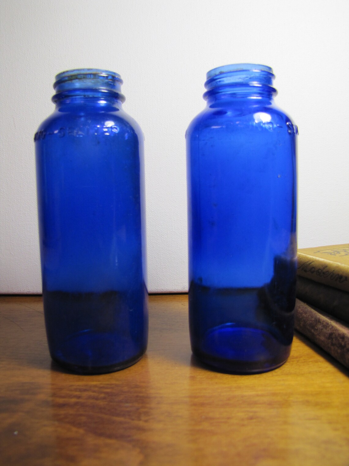 Two 2 Vintage Bromo Seltzer Bottles Blue Glass Etsy