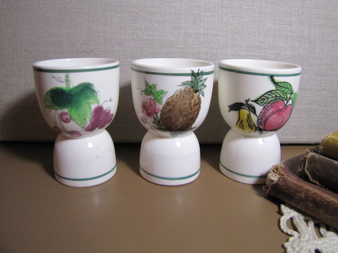 Set of Three 3 Large Egg Cups Fruit Motifs Dark Green Bands Creamy