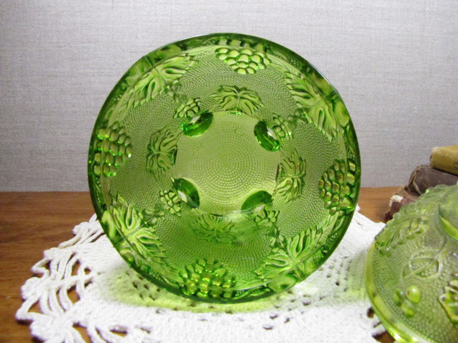 Vintage Green Glass Covered Candy Dish Grape Clusters and Etsy