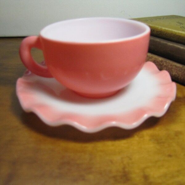 Vintage Hazel Atlas Teacup and Saucer Set - Ripple Pink a/k/a Crinoline - Pink and White