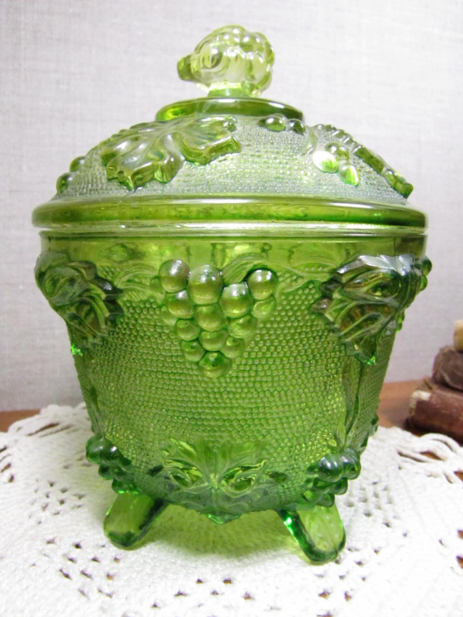 Vintage Green Glass Covered Candy Dish Grape Clusters and Etsy