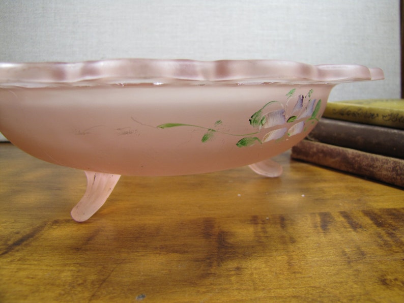 Pink Frosted Glass Footed Bowl Reticulated Rim Hand Etsy