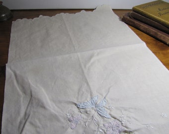 Pale Yellow Linen Tea Towel - Appliqued Butterfly and Flowers - Embroidered Accent