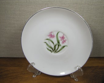 Pink Orchid China - Large Saucer - Pink Flower - Green Leaves - Platinum Accent