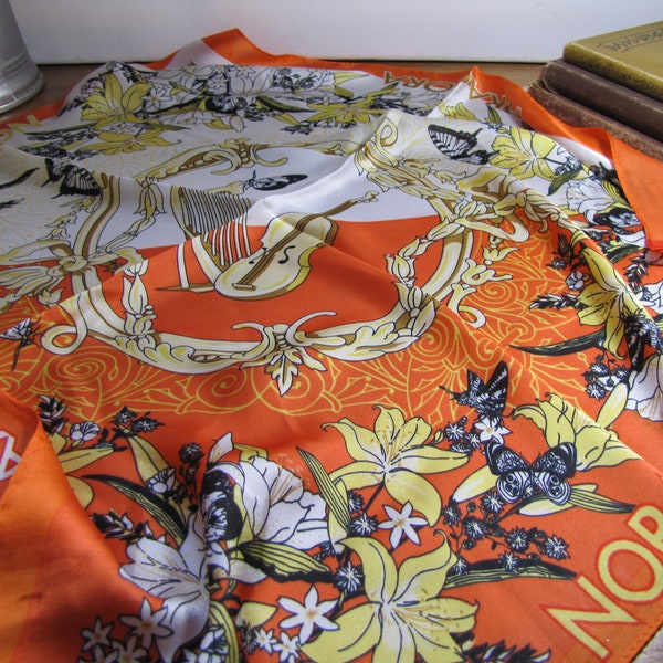 Vintage Ladies Noracora Silk Scarf - Musical Instruments, Flowers and Butterflies - Orange, Yellow, Black and White