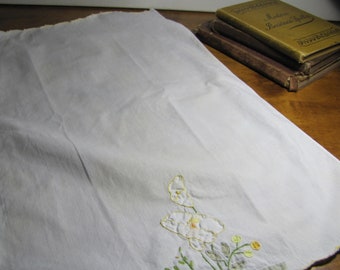 Vintage Hand Appliqued Tea Towel - White and Yellow Flowers - Yellow Edging