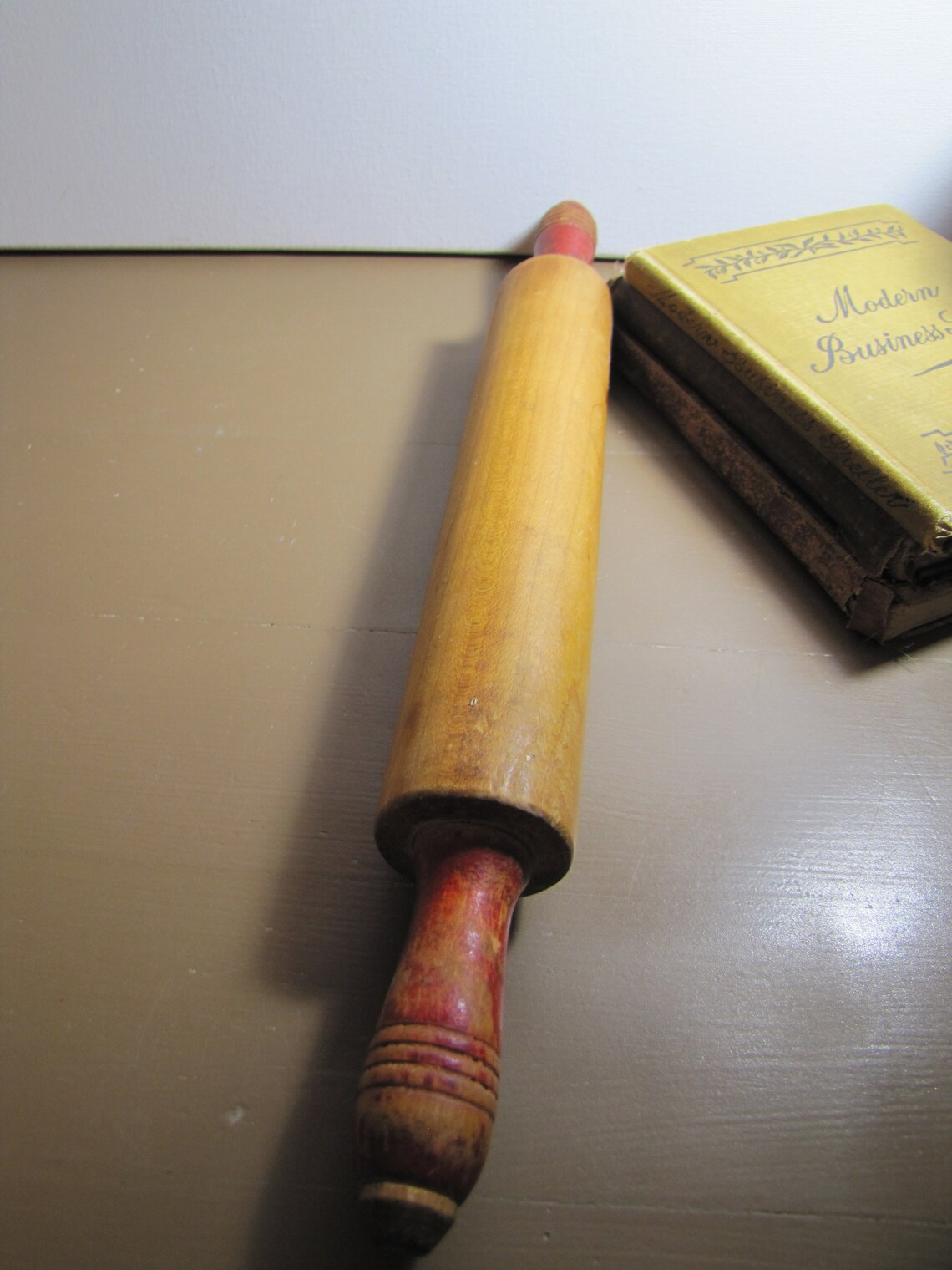 Vintage Wooden Rolling Pin Red Painted Grooved Handles Etsy