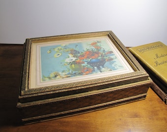 Wooden Dresser Box - Jewelry Box - Trinket Box - Gold Painted Finish - Framed Picture Lid - Mirrored Lid