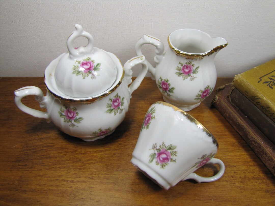 Vintage Small Tea Set Cup, Sugar Dish and Creamer Rose Pattern Etsy