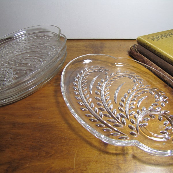 Set of Four (4) Glass Snack Plates - Leaf Pattern - Cup/Glass Notch - Curved Oval Shape