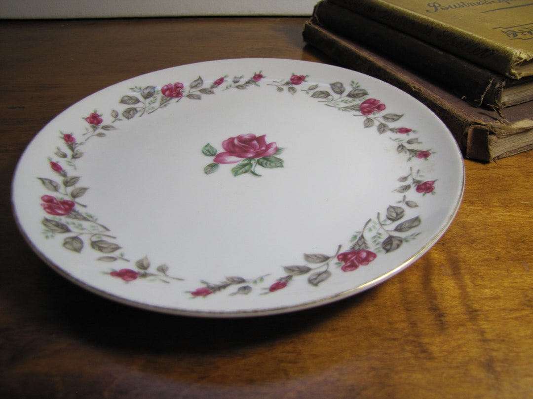 Diamond China - Moss Rose Pattern - Salad Plate - Dark Pink Roses
