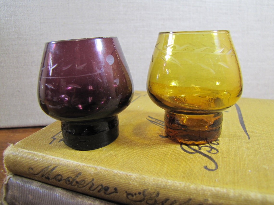 Etched Glass Shot Glasses One Purple One Amber Etsy