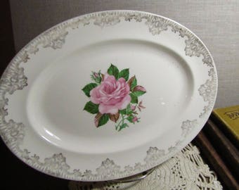 The Paden City Pottery - Serving Platter - Creamy White - Pink Rose Pattern