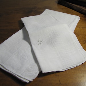 Two (2) Vintage Men&#39;s Cotton Handkerchiefs - Creamy White - One With Monogram LT.
