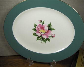 Vintage Serving Platter, Dark Green Rim - Pink Wild Rose
