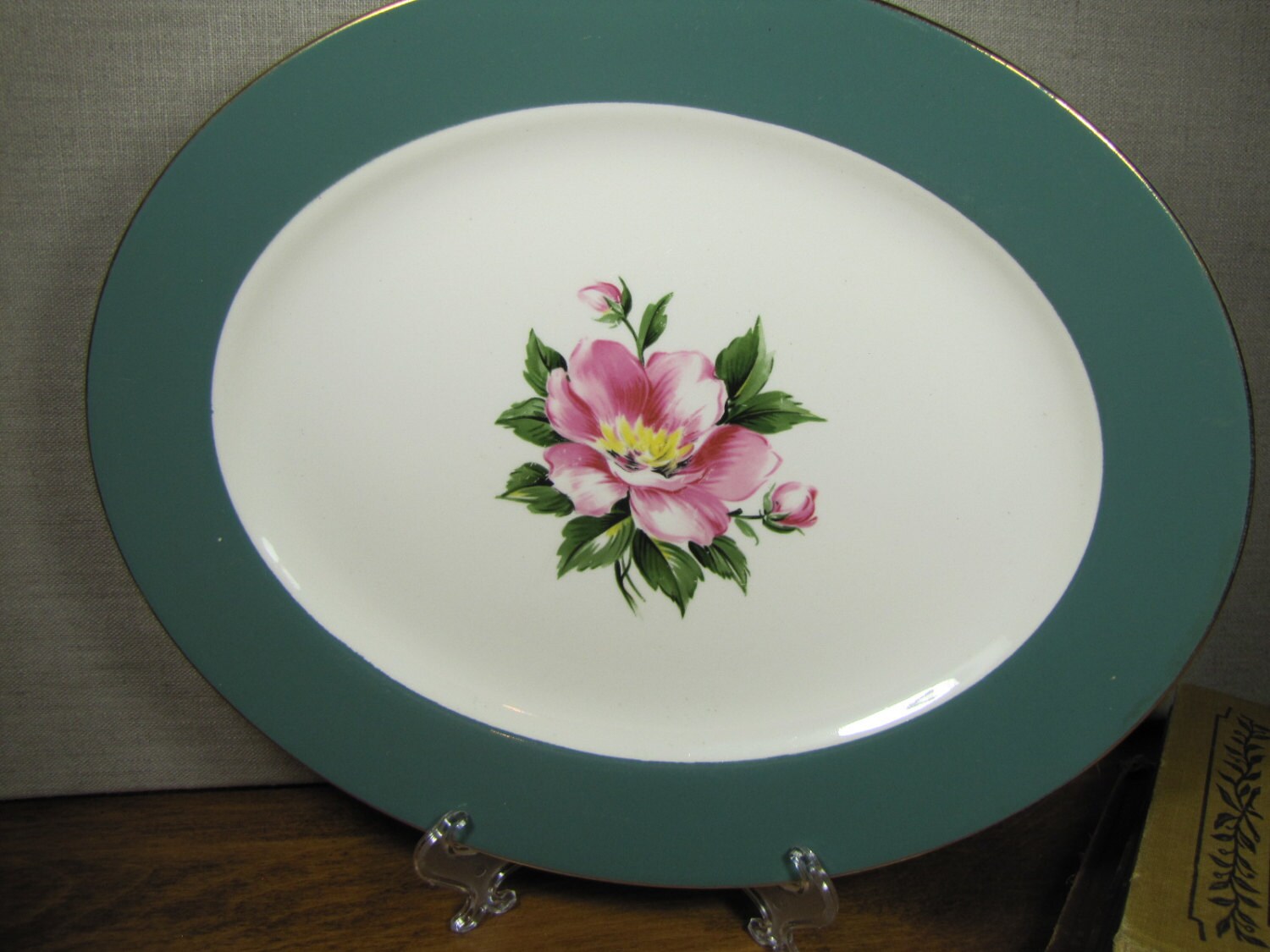 Vintage Serving Platter, Dark Green Rim - Pink Wild Rose