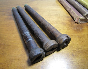 Three (3) Wooden Factory Bobbins - Ribbed - Dark Stain