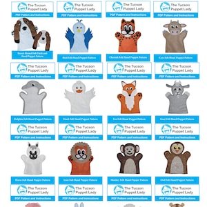 Puede incluir: Una colección de 16 patrones de marionetas de fieltro con diferentes animales, incluyendo un basset hound, un pájaro, un guepardo, una vaca, un delfín, un pato, un zorro, una cabra, un caballo, un león, un mono, un búho, un cerdo, un conejo, una oveja, una ardilla, un tiranosaurio rex, un unicornio y una cebra. Cada patrón incluye una ilustración colorida del animal y el texto "The Tucson Puppet Lady" con las palabras "PDF Pattern and Instructions".