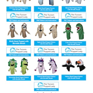 Könnte beinhalten: Eine Sammlung von Handpuppen-Schnittmustern von "The Tucson Puppet Lady". Die Puppen umfassen ein Rentier, einen Hai, ein Schaf, ein Faultier, ein Eichhörnchen, einen T-Rex, einen Triceratops, ein Einhorn, einen Geier und einen Wolf. Jede Puppe hat einen beweglichen Mund. PDF-Downloads.