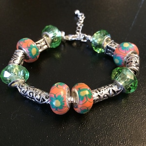 SALE...Halloween European Orange, Green and Silver Bracelet.