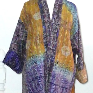 Free size reversible Kantha stitch silk jacket with pockets