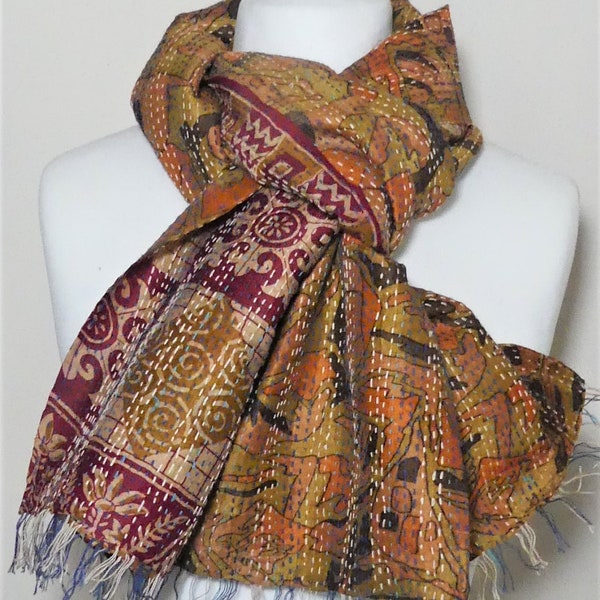 Kantha stitch silk reversible scarf/wrap