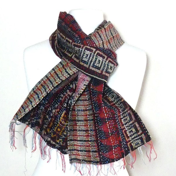 Kantha stitch silk reversible scarf - 25 cm by 200 cm