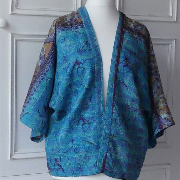 Silk kantha stitch reversible kimono jacket ( fits size 10 to 16 UK size) - longer length - 25"